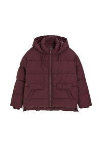 Bordowa kurtka puchowa z kapturem, z pionowym pikowaniem, z zapięciem na zamek błyskawiczny z przodu oraz dwiema dużymi kieszeniami naszytymi. Gładka faktura zewnętrzna.