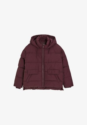 Bordowa kurtka puchowa z kapturem, z pionowym pikowaniem, z zapięciem na zamek błyskawiczny z przodu oraz dwiema dużymi kieszeniami naszytymi. Gładka faktura zewnętrzna.