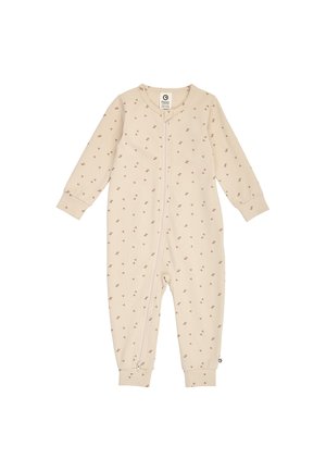 Beiger Baby-Strampler mit langen Ärmeln, kleinen braunen Blattmustern, Frontreißverschluss und gerippten Bündchen an Ärmeln und Beinen.