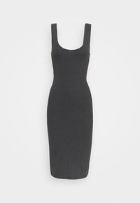 Form-fitting, sleeveless dress in dark gray ribbed fabric. Features a square neckline and mid-calf length. Simple design with no additional details.