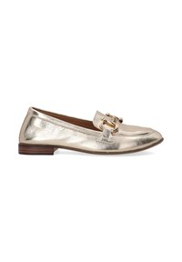 Metallic gold loafers with a flat wooden heel. Features a decorative chain accent and a smooth, shiny texture. Rounded toe design.