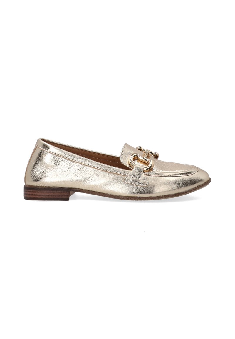 Metallic gold loafers with a flat wooden heel. Features a decorative chain accent and a smooth, shiny texture. Rounded toe design.