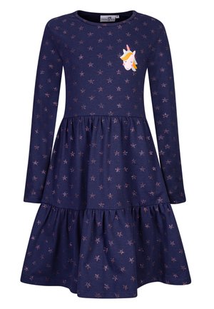 Robe longue à manches longues en coton de couleur marine, avec une jupe à volants, des motifs d'étoiles et une application de licorne sur la poitrine.