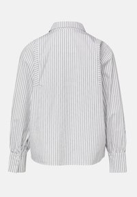 Long-sleeve shirt with a collared neckline, featuring gray and white vertical stripes, buttoned cuffs, and a relaxed fit. Soft fabric texture.
