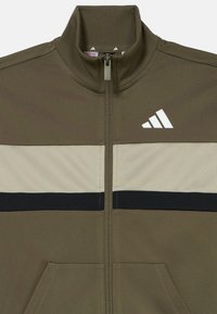 Olivově zelená bunda na zip s žebrovaným límcem, zdobená kontrastními vodorovnými pruhy v béžové a černé barvě a bílým logem na hrudi.