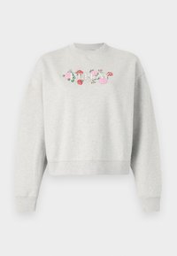 Grijze katoenen sweatshirt met een ronde hals, voorzien van bloemenborduurwerk in roze, rood en groen aan de voorkant. Gekort ontwerp met geribbelde manchetten.