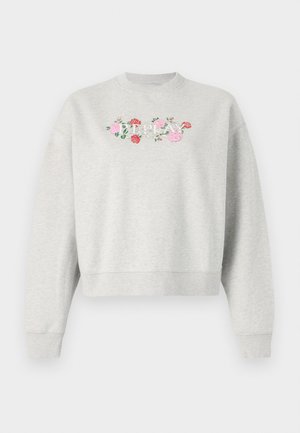 Szürke pamut pulóver kerek nyakkal, rózsaszín, piros és zöld virágmintával hímezve az elején. Rövidített fazon ribbelt mandzsettákkal.