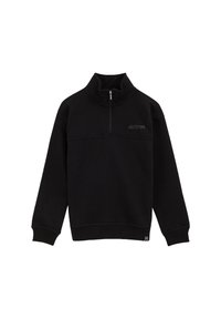 Melns flīsa puloveris ar ceturtdaļas rāvējslēdzēju, elastīgām piedurknēm, plakanu šuvi gar krūtīm un logo diskretā printā.