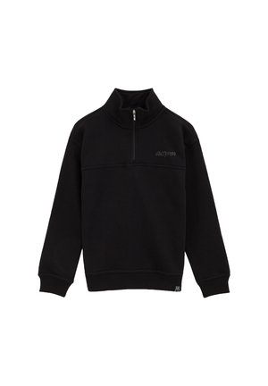 Svart fleece-pullover med kvartdragkedja, elastiska ärmmuddar, en flat söm över bröstet och en diskret logotyp.