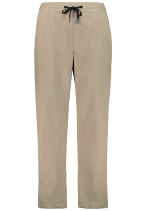 Pantalones ligeros beiges con cintura elástica. Diseño de pierna recta, sin patrones o acentos prominentes, textura suave.