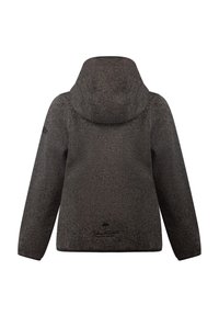 Mörkgrå fleecjacka med huva, texturerad tyg och en logotyp nära fållen. Designen inkluderar sidfickor och en rak passform.