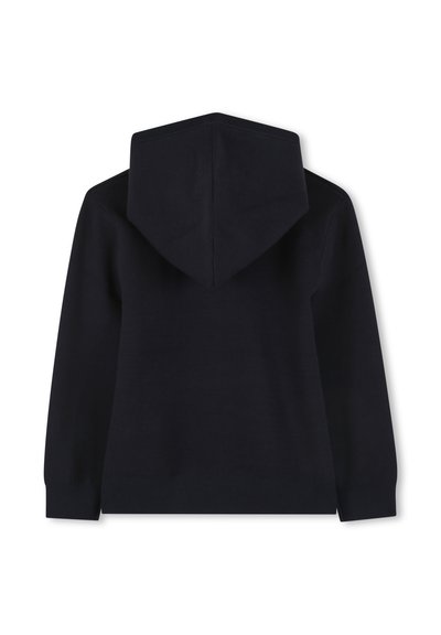 Sweat à capuche noir montré de dos avec des manches longues et un design sans couture sur fond blanc.