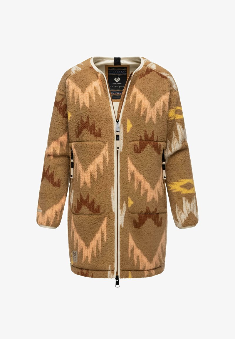 Fleece jaka ar ģeometrisku rakstu brūnās, dzeltenās un baltās krāsās. Iekārtota ar divām priekšējām kabatām, rāvējslēdzēju un krēmkrāsas oderi.