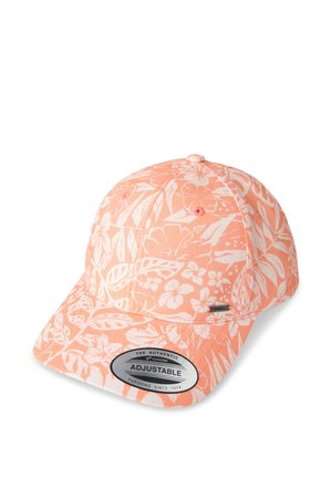 Verstelbare pet van perzikkleurige stof met een wit bloemenpatroon. Ronde kroon, gebogen klep, met een logotag aan de voorkant. Lichtgewicht textuur.