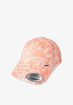 Adjustable cap in peach fabric featuring a white floral pattern. Round crown, curved brim, with a logo tag on the front. Lightweight texture.