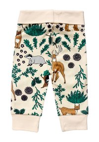 Cotton leggings with cream base, featuring a multicolored animal and foliage print. Accents include soft beige cuffs and detailed illustrations.