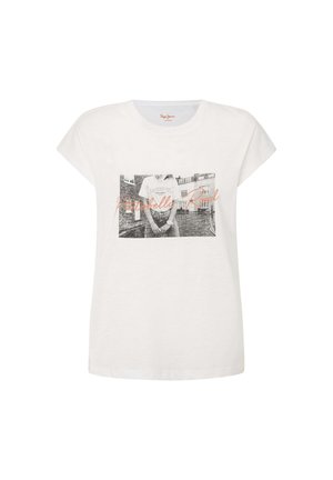 Biała bawełniana koszulka z podwiniętymi krótkimi rękawami, z nadrukiem czarno-białego zdjęcia oraz pomarańczowym napisem "Portobello Road."