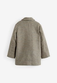 Manteau en laine à motifs pied-de-poule beige et marron, avec manches longues et dos droit, présenté sur un fond blanc.