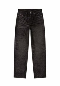 Jeans in denim nero con una vestibilità a gamba dritta, dotati di cinque tasche, cuciture a contrasto e un leggero effetto scolorito per un tocco di texture.