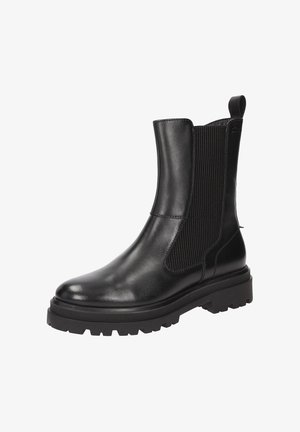 Schwarze Leder-Ankle-Boots mit elastischen Seiteneinsätzen, robustem Gummisohlen und Zuglasche an der Ferse. Glatte Oberfläche mit einem eleganten Design.