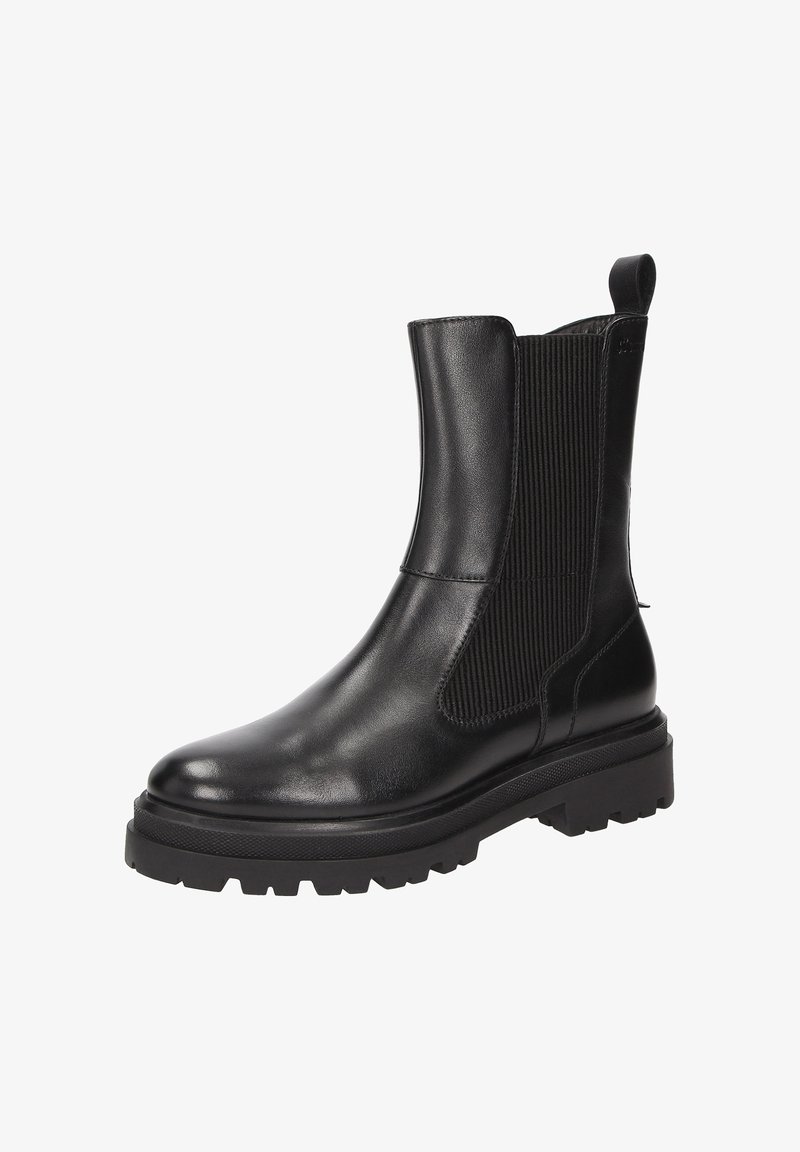 Bottines noires en cuir avec panneaux élastiques sur les côtés, semelle en caoutchouc épaisse et languette au talon. Finition lisse avec un design élégant.