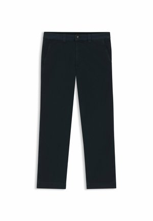 Dunkelblaue Chinos aus einer Baumwollmischung. Merkmale sind Gürtelschlaufen, Vordertaschen und ein Reißverschluss mit Knopfverschluss.
