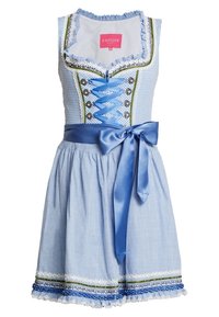 Robe à carreaux bleus avec un buste ajusté, des bordures en dentelle, des boutons décoratifs et un ruban en satin bleu. La jupe évasée présente des accents de bordure à motifs.