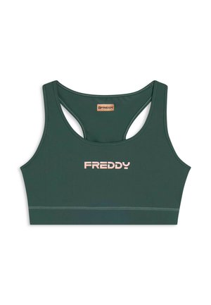 Reggiseno sportivo verde scuro realizzato in tessuto morbido, con scollo a camino e design racerback. Il nome del marchio "FREDDY" è stampato in rosa chiaro.
