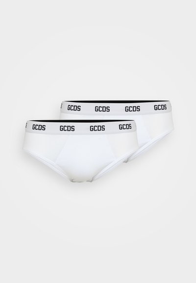 Weiße Baumwollunterhosen mit einem schwarzen elastischen Bund mit "GCDS"-Logo. Glatte Textur mit klassischem Schnittdesign. Zwei Paare enthalten.