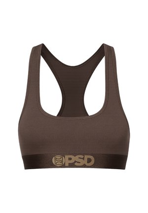 Bruine sportbeha met een racerback-ontwerp, een gladde textuur en een elastische band met een gouden logo. Eenvoudige, functionele vorm.