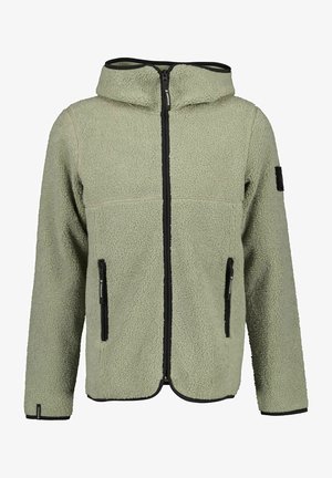 Fleecejacka i ljusgrön med en texturerad yta, huva, fullt blixtlås och svarta dragkedjefickor. Har svarta detaljer och sömnadsakcenter.