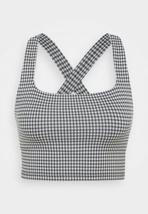 Czarnobiały krótki top w kratkę gingham z szerokimi skrzyżowanymi ramiączkami i kwadratowym dekoltem.