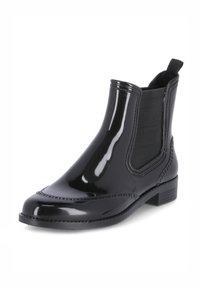 Schwarze Gummistiefel mit glänzender Oberfläche, elastischen Seitenpaneelen und dekorativen Nähten entlang der Kanten. Kurz, mit abgerundetem Zehenbereich und strukturiertem Sohlenprofil.