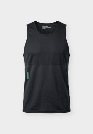 Débardeur de sport noir sans manches avec encolure ronde, taille moyenne, et étiquette verte sur la couture latérale gauche sur fond blanc.