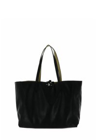 Sac fourre-tout en cuir noir avec de longues poignées, doté d'un intérieur jaune et d'un petit logo sur le devant. Texture lisse, design spacieux.