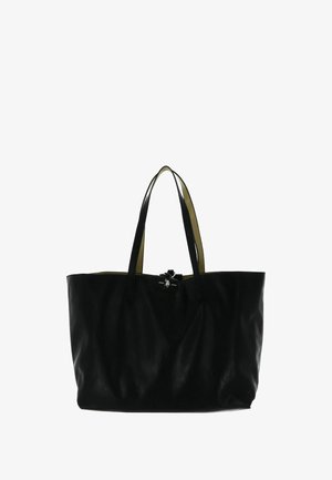 Sac fourre-tout en cuir noir avec de longues poignées, doté d'un intérieur jaune et d'un petit logo sur le devant. Texture lisse, design spacieux.