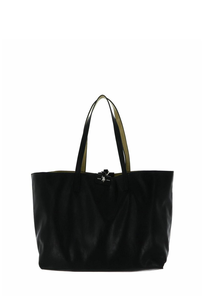 Sac fourre-tout en cuir noir avec de longues poignées, doté d'un intérieur jaune et d'un petit logo sur le devant. Texture lisse, design spacieux.