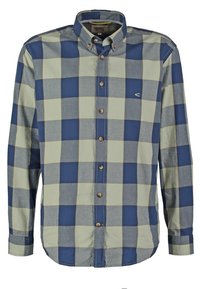 Camicia a quadri blu e beige in cotone. Presenta un colletto button-down, maniche lunghe e bottoni marroni lungo la fessura frontale.