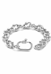 Bracciale d'argento con anelli arrotondati, decorato con sfere e una chiusura decorativa adornata con piccole pietre trasparenti.