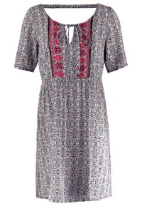 Black and white patterned dress featuring short sleeves, a square neckline, and red embroidery down the front, with a waist tie detail.