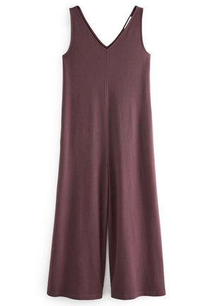 Combinaison sans manches à jambes larges en mauve foncé avec un décolleté en V et un détail de couture centrale avant sans couture.
