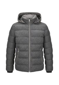 Grau gefütterte Jacke mit einem strukturierten, wollartigen Körper. Die Ärmel sind glatt und dunkelgrau. Sie verfügt über einen Reißverschluss vorne und eine Kapuze mit synthetischem Futter.