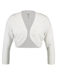 Cárdigan corto blanco con mangas largas, presenta un escote en v y puños acanalados. Está hecho de una tela de punto suave y ligera.