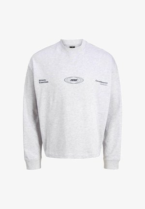 Grijze katoenen sweatshirt met lange mouwen, ronde hals en geborduurde tekst. Heeft de ontwerpen "Athletic Essentials" en "1990" op de voorkant.