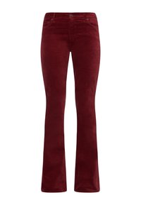 Bordeaux corduroy flare broeken met een gladde textuur, vijf pocket ontwerp, knoopsluiting en subtiel verhoogd geribbelde patroon.