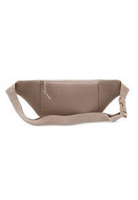 Borsa a tracolla beige realizzata in tessuto texturizzato, con un compartimento con zip e una tracolla regolabile. Design sottile adatto per gli accessori essenziali.