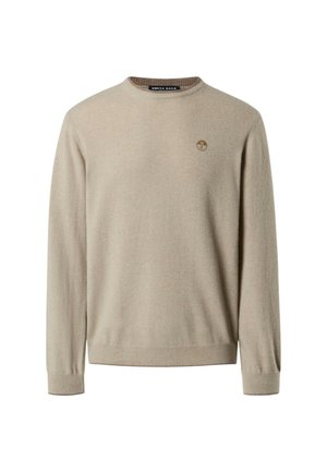 Maglione beige a collo rotondo con maniche lunghe, polsini e orlo a coste, e un piccolo logo circolare sul lato sinistro del petto.