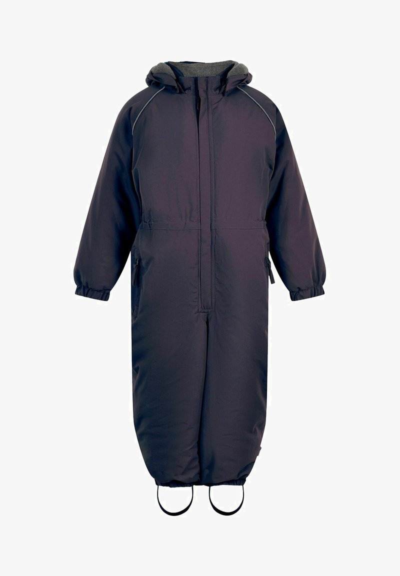 Paars geïsoleerd overall met een grijze fleece-gevoerde capuchon, rits aan de voorkant en elastische manchetten. Inclusief twee zijzakken en voetbanden.