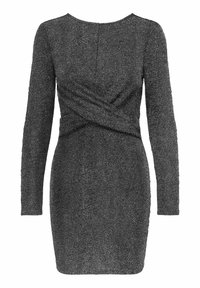 Robe noire à manches longues avec une finition texturée et scintillante. Elle présente un design de corsage drapé et une silhouette ajustée.
