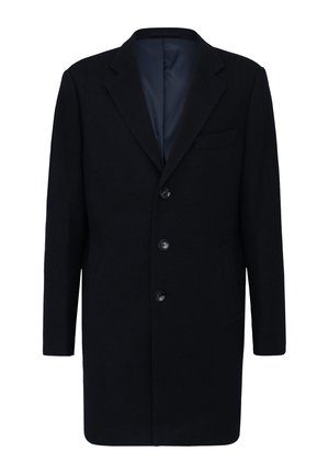 Manteau en laine noire avec un col cranté, design à un seul boutonnage, trois boutons, poches latérales et doublure intérieure lisse.